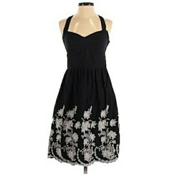 Loft Retro 60's Sweetheart Halter Embroidered Apron Fit & Flare Dress Black Sz 2 - Picture 2 of 10